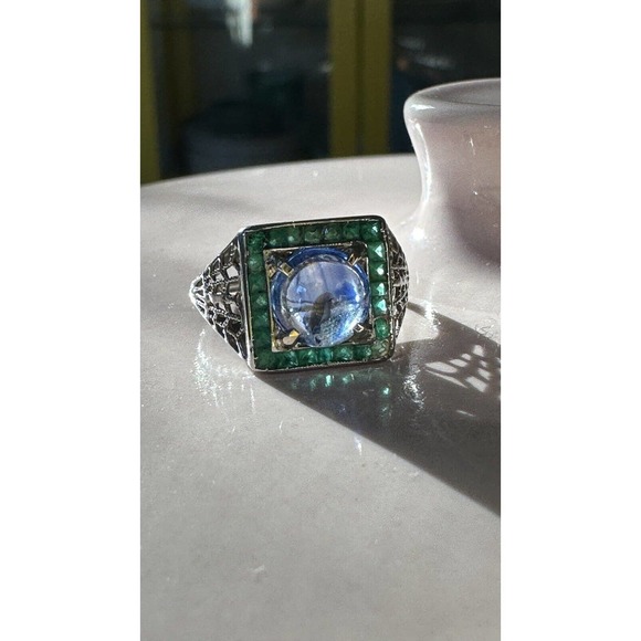 Art deco ANTIQUE CIRCA 1920 WHITE GOLD AND SAPPHIRE RING - Picture 4 of 9